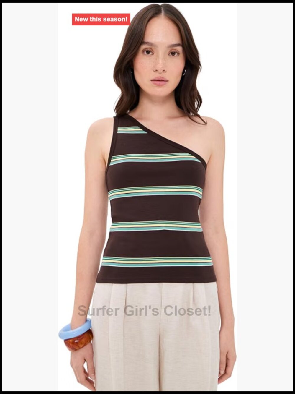 Women's One-Shoulder Cotton Tank Top Sleeveless Ribbed Trim Stripe